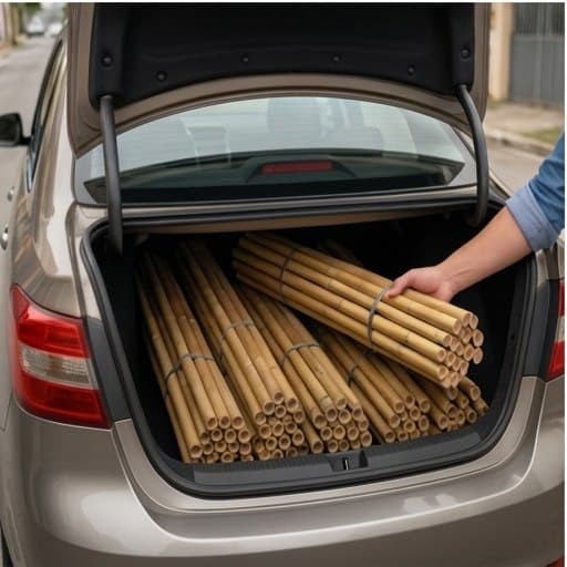 Varas de bambu cortadas em torno de 1,5 metro acomodadas no porta-malas de um carro de passeio