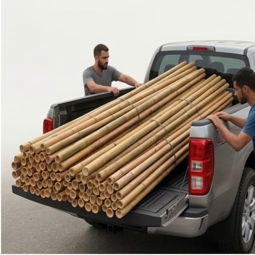 Feixe de varas de bambu carregado na caçamba de uma picape para transporte